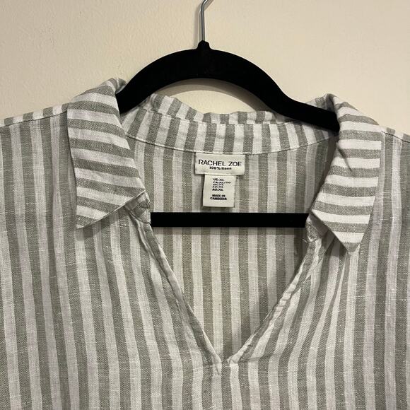 Rachel Zoe Blouse Popover Top Green White Stripe 100% Linen Flax Womens XL - Picture 3 of 4